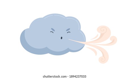 Cute blue cloud with funny angry face with blowing wind. Windy weather icon. Sweet baby character with gust of air from its mouth. Childish flat vector illustration isolated on white background