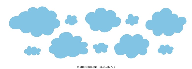 Cute blue cloud illustration set vector illustration. Hand-drawn cartoon clouds in different sizes on a clean white backdrop.