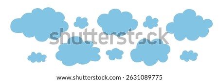 Cute blue cloud illustration set vector illustration. Hand-drawn cartoon clouds in different sizes on a clean white backdrop.