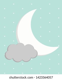 cute blue cloud and moon nursery art vector poster design,blue polka dots background