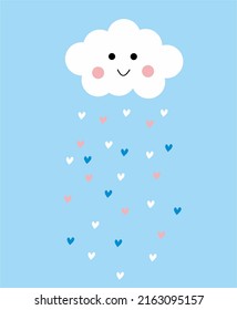 Cute blue cloud with rain of hearts, happy valentine's day, flat design for invitation card, vector illustration in cartoon style