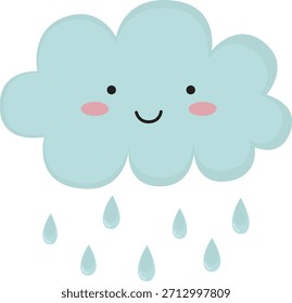 Cute blue cloud with raindrops and smile. Weather element with happy face
