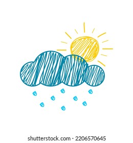 Frische blaue Wolke Sturmwasser Regen mit gelber Sonnenlinie doodle Symbol flach Vektordesign.