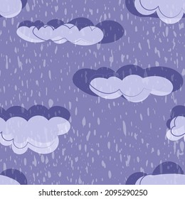 Cute blue clouds and drops of rain. Seamless pattern. Vector illustration.