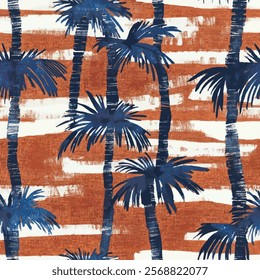 Cute blue coconut tree striped brush strokes watercolor background seamless pattern with color brush strokes. watercolor background. Watercolor print in rustic vintage style, textile or wallpapers.