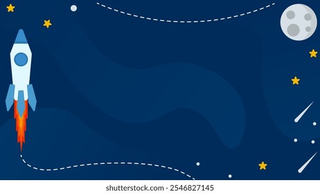 Fundo do espaço de cores azul bonito. Filhos de desenho animado tema lua, foguete e pequenas estrelas. Adequado para papel de parede, educação, apresentações, etc.