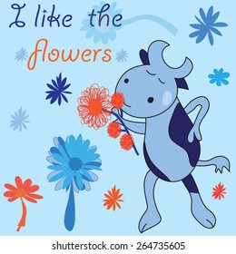 cute blue cow with flowers vector illustration