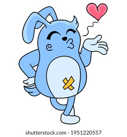 süße blaue Kreatur flirty Stil Kuss weg Valentinstag, Vektorgrafik Kunst. doodle Symbol Bild kawaii.