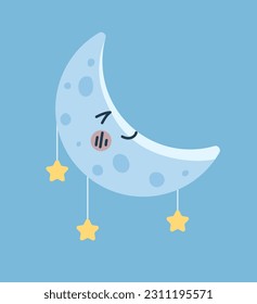 Cute blue crescent concept. Adorable character in sky with stars. Toy for pendant on lullaby. Positivity and optimism. Sticker for social networks. Cartoon flat vector illustration