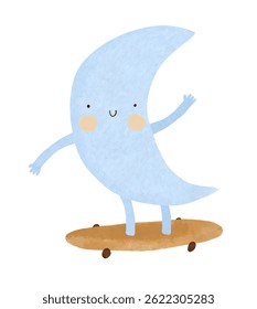 Cute Blue Croissant Moon Riding A Skateboard. Childish Drawing-like Vector Illustration Of Happy Moon Skateboarding. Nursery Art With Pastel Blue New Moon On A White Background. Kids Room Decor. RGB.