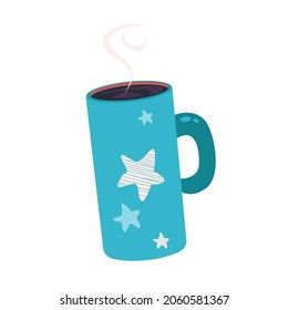 Cute blue cup with hot drink. Cartoon art in scandinavian style