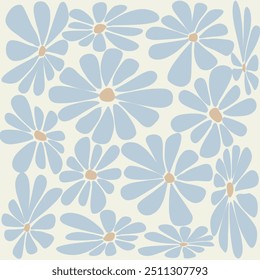 Cute blue daisy in 70s hippie style seamless pattern. Cream background. Suitable for fabric pattern, background decoration.