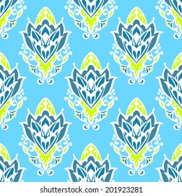 Cute Blue Damask Floral Vector Seamless Pattern