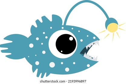 Cute blue deep sea predatory fish. Children's illustration. For your design.