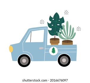 Cute blue delivery truck transporting home palm plants isolated vector illustration