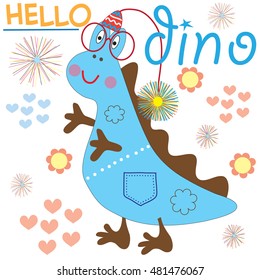 cute blue dino in a cap and glasses with flowers and hearts vector illustration