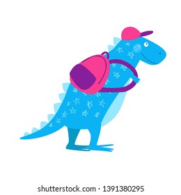 Cute blue dinosaur with a backpack goes on a travel. Dino tourist. Funny animal. Vector background. Isolated hand drawn illustration. Character for kids. Pencil texture.