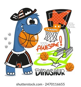 Cute blue dinosaur basketball player trying make a score isolated on white background illustration vector, T-Shirt design for kids. 