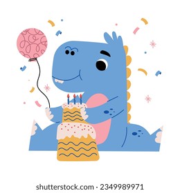 Cute Blue Dinosaur at Birthday Party with Balloon and Cake Vector Illustration