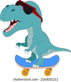 Cute blue dinosaur cartoon playing skateboard