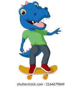 Cute blue dinosaur cartoon playing skateboard