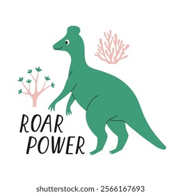 Cute blue dinosaur character with hand drawn text Roar Power. Design element for print, greeting card, invitation, book. Isolated vector illustration