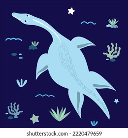 Cute blue dinosaur drawing in children's style with decorative elements. Plesiosaur in deep water