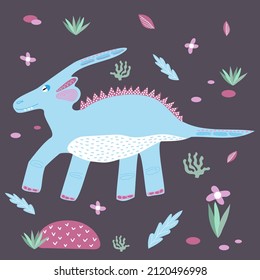 Cute blue dinosaur drawn in children's style with decorative elements. Dino parasaurus for printing on kids things. Trendy vector drawing style