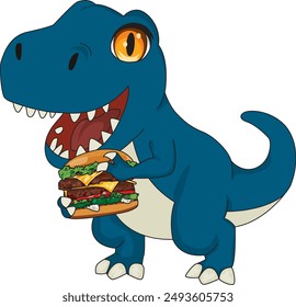 Cute blue dinosaur eating burger vector