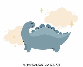 Cute blue dinosaur. Flat vector illustration.