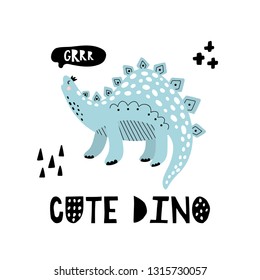 Cute blue dinosaur isolated on white background. Nice dino. Vector illustration in scandinavian style. Suitable for printing on postcards, posters, clothes.
