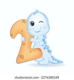 Cute Blue Dinosaur with number 2, cartoon illustration