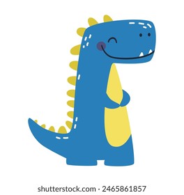 Cute blue dinosaur in simple child style on white background, flat vector illustration 