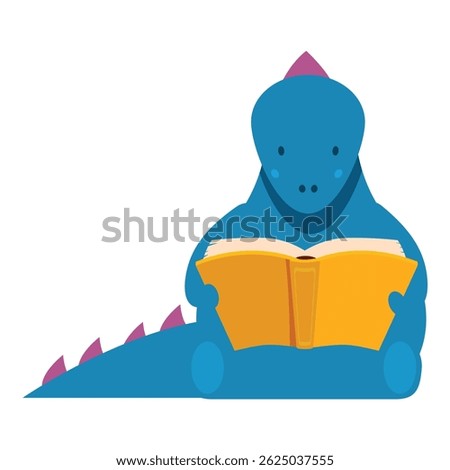 Cute blue dinosaur is sitting and holding an open book, engrossed in reading