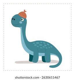 Dinossauro azul bonito com pontas e um chapéu quente. Ideal para livros de histórias, convites para festas infantis, visuais de sala de aula, vestuário e projetos de chá de bebê