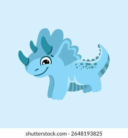 Cute blue dinosaur with three horns and striped tail on light blue background. Perfect illustration design element for kids theme, education, games, cartoon characters, and fun content