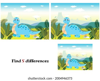 Cute blue dinosaur. Vector illustration of game for children Find the difference
