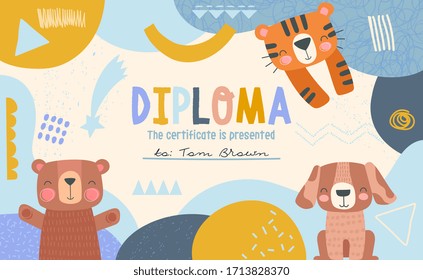 Cute blue Diploma template for a little boy with a frame of cartoon animals and decorations around central copy space, vector illustration