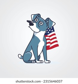 Cute Blue Dog Vector Illustration - USA Flag with Dog - Grey Background