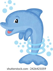 Cute blue dolphin cartoon, jumping dolphin, vector illustration.
