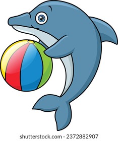 Cute blue dolphin cartoon playing beach ball