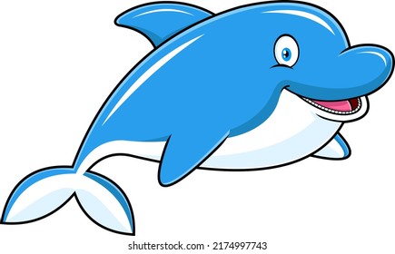 Cute Blue Dolphin Fish Cartoon Character Jumping. Vector Hand Drawn Illustration Isolated On White Background