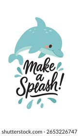 Cute blue dolphin jumps with joy above waves in this playful cartoon design, perfect for summer themes, marine fun, and cheerful ocean-inspired decor.