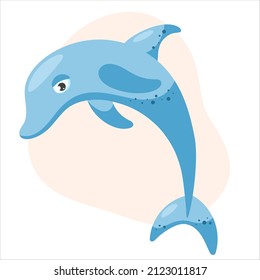 Delfín azul en fondo rosa claro. Ilustración vectorial de dibujos animados planos.