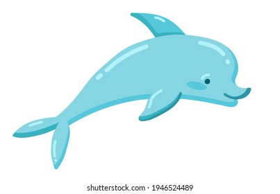 Cute blue dolphin on a white background. Hand drawn vector illustration in cartoon style. 