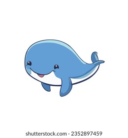 A cute blue dolphin on a white background, cartoon style, very happy expression