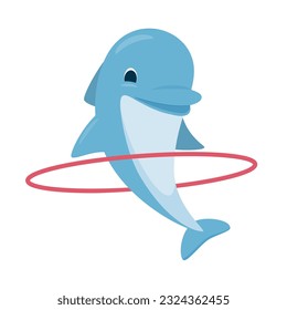 A cute blue dolphin is spinning a hoop. Vector illustration in cartoon style on a white background.