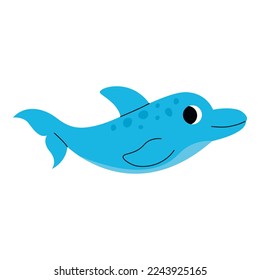 Cute blue dolphin swimming, marine animal. Giant inhabitants of sea, ocean underwater life. Childish aquatic mammals print for nursery, kids apparel, poster, postcard, pattern. Cartoon vector.