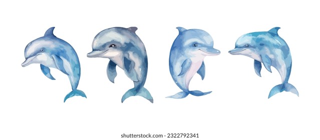 Cuidada acuarela de delfín azul aislada sobre fondo blanco. Conjunto de ilustraciones de vectores de animales oceánicos