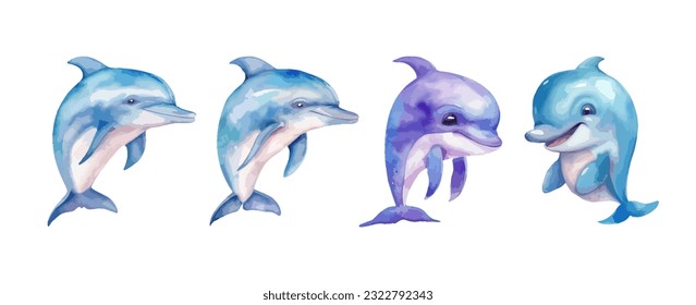 Cuidada acuarela de delfín azul aislada sobre fondo blanco. Conjunto de ilustraciones de vectores de animales oceánicos